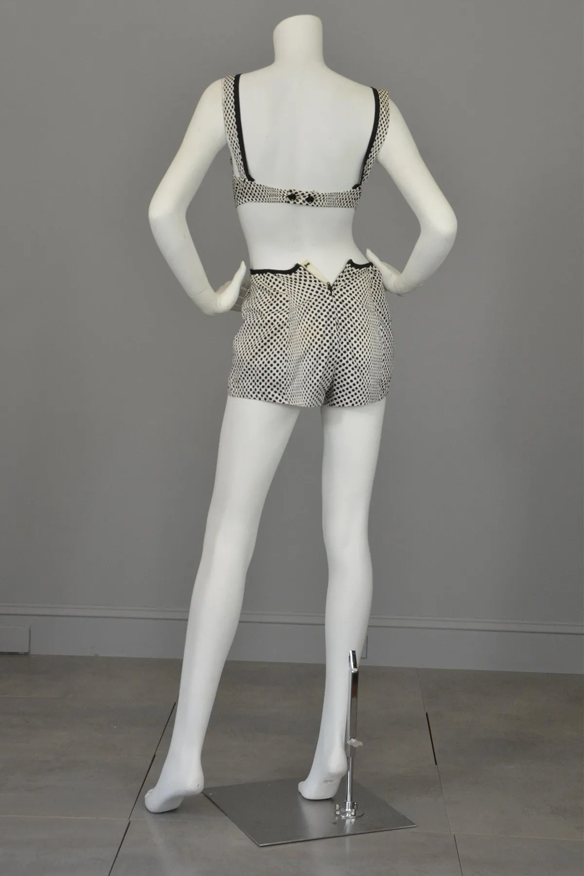 1960s Black White Polka Dot Pinup Swimsuit and matching Bull's Eye Cover-Up by Rose Marie Reid